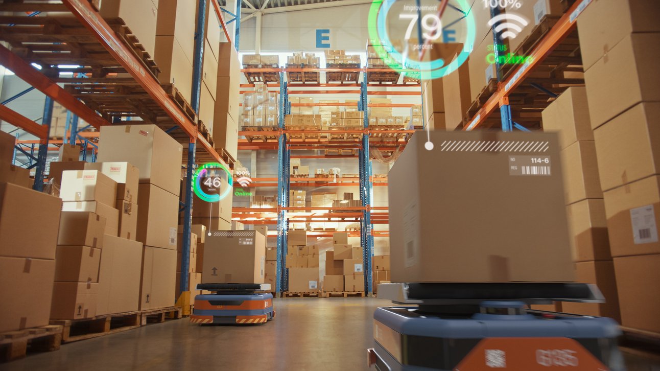automated-agv-robots-with-infographics-delivering-cardboard-boxes
